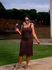 Women's sleeveless geometric cutout midi dress in brown and cream neutral shades - view 1