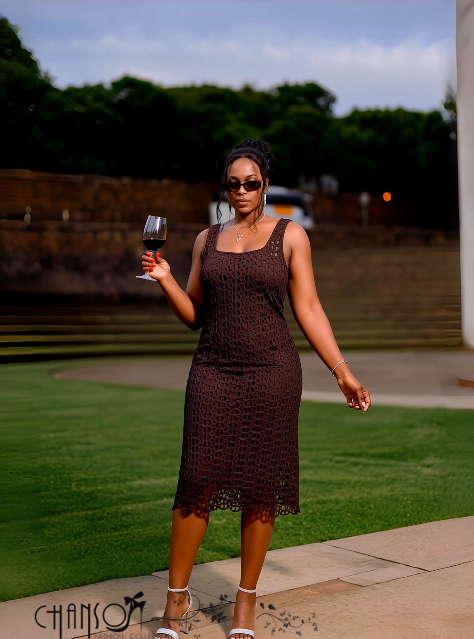 Women's sleeveless geometric cutout midi dress in brown and cream neutral shades - view 1