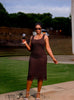 Women's sleeveless geometric cutout midi dress in brown and cream neutral shades - view 1