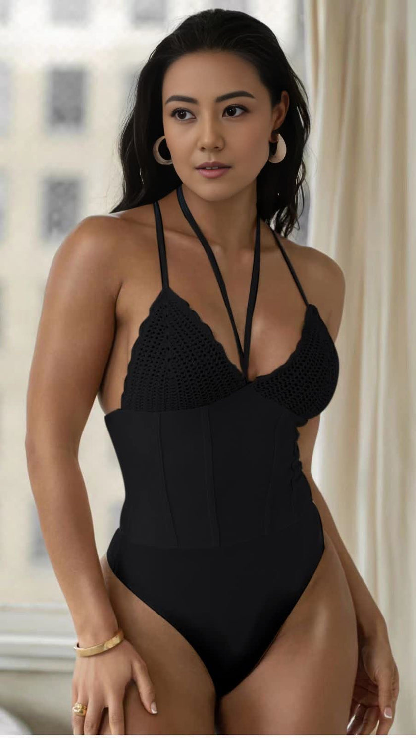 Black ribbed knit halter bodysuit with V neckline