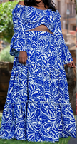 Blue printed maxi dress with flounce sleeves and tiered ruffled skirt