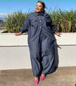 Loose fit shirt-pants set in dark denim fabric, front buttons, pockets, drawstring waist