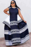 Plus size geometric maxi dress, navy with white striped and patterned hem