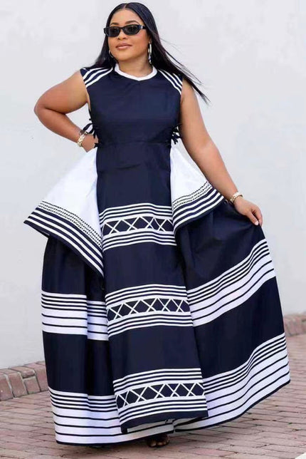 Plus size geometric maxi dress, navy with white striped and patterned hem