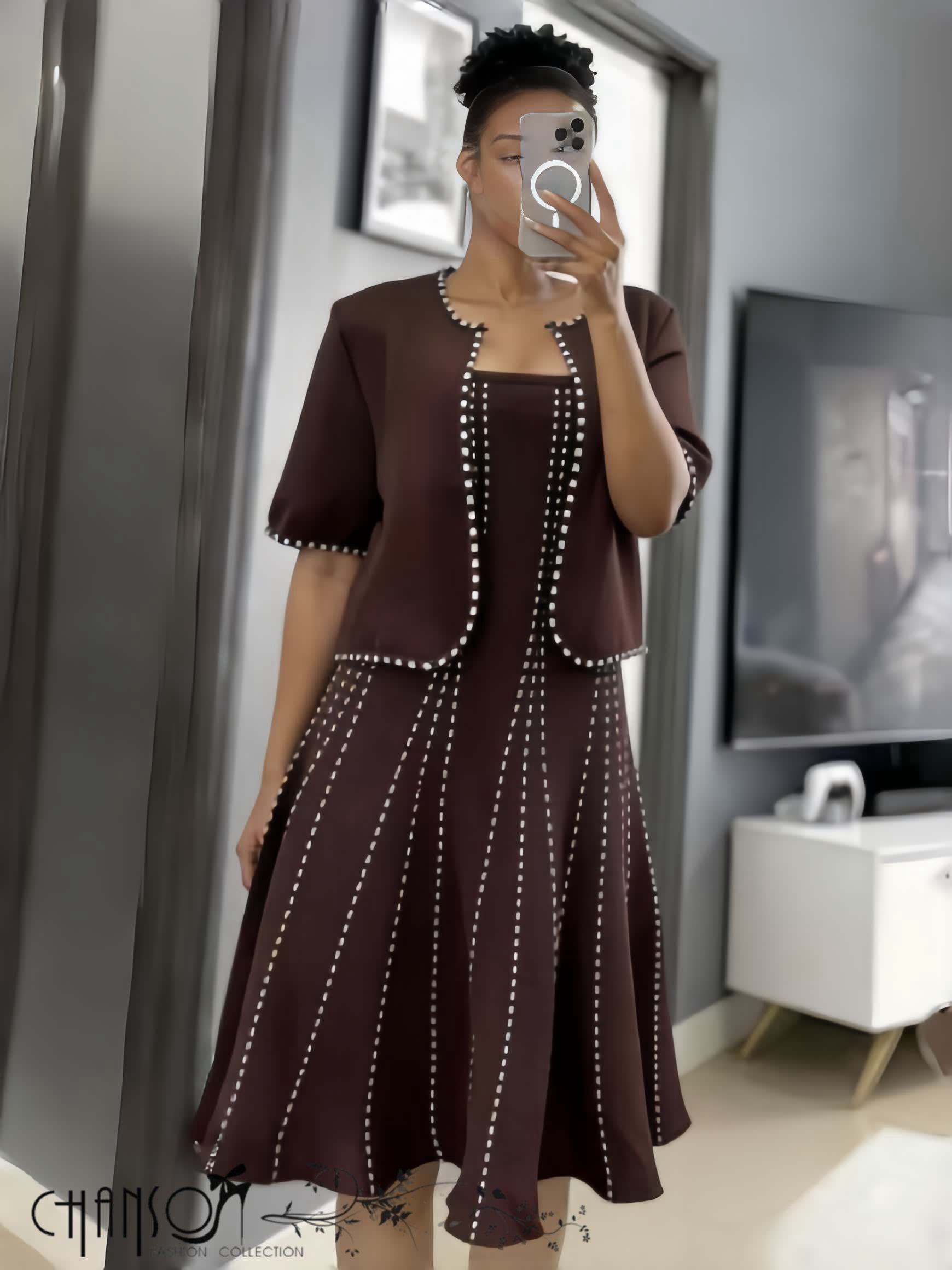 Maroon twin set dress with beaded short-sleeve jacket and A-line skirt, dotted trim