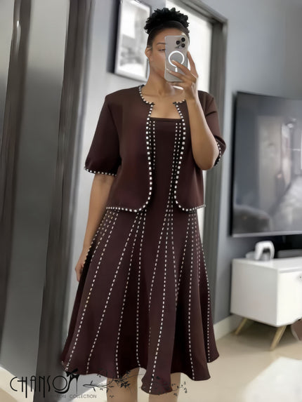 Maroon twin set dress with beaded short-sleeve jacket and A-line skirt, dotted trim