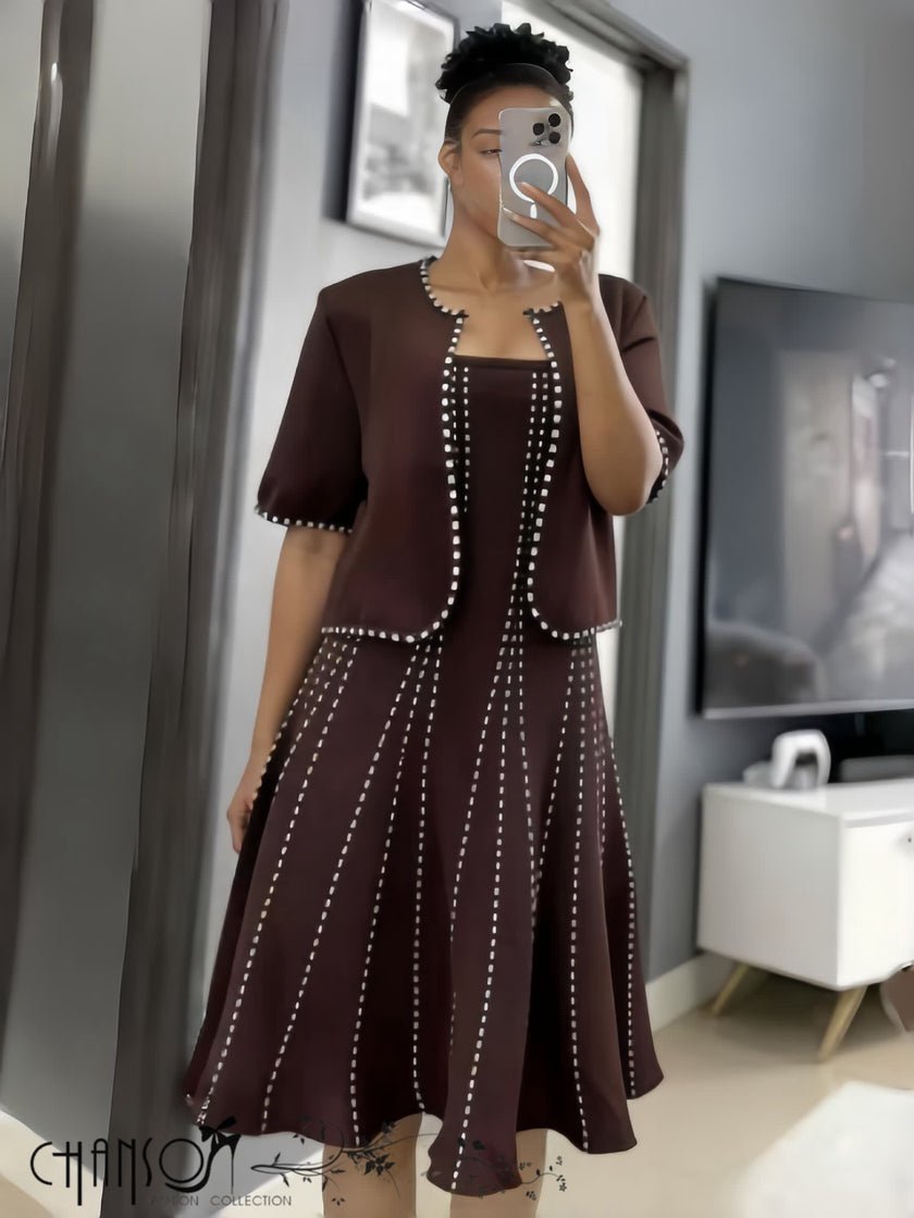 Maroon twin set dress with beaded short-sleeve jacket and A-line skirt, dotted trim