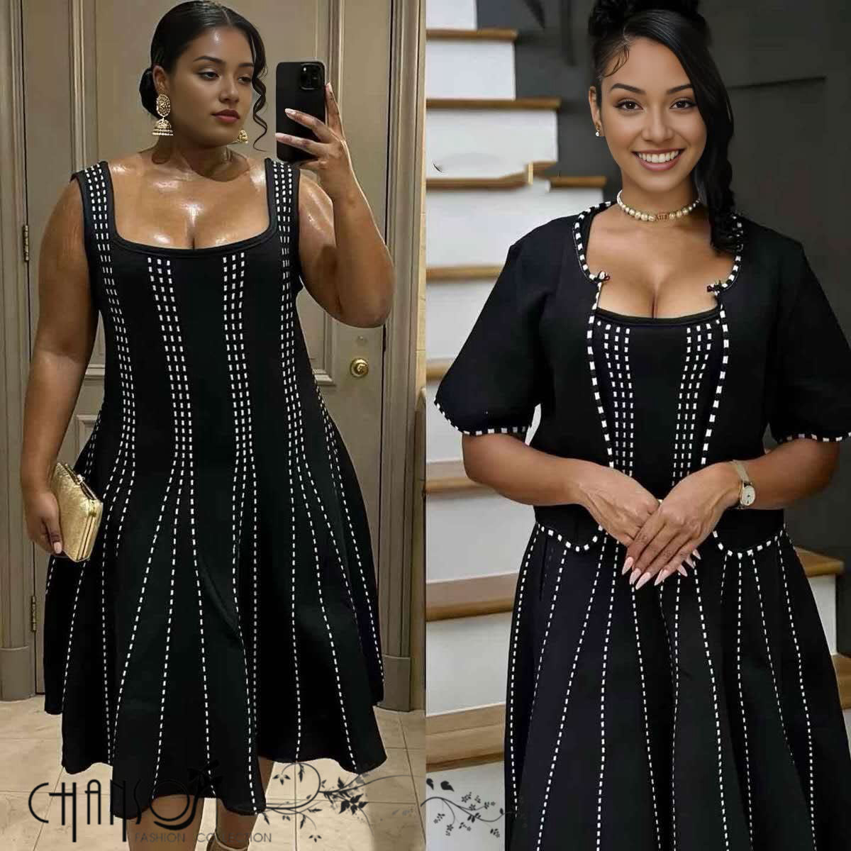 Black twin set dress: beaded sleeveless top with A-line skirt and dotted trim