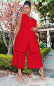Red sleeveless blazer vest and wide-leg pants set, sleeveless notch front