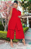 Red sleeveless blazer vest and wide-leg pants set, sleeveless notch front