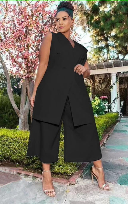Black sleeveless blazer vest and wide-leg pants set, sleeveless notch front