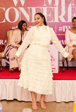 Women's cream sheer tiered midi set with ruffled skirt and long-sleeve top.