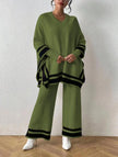 Green knit twin set with loose V-neck top and wide-leg pants, striped cuffs
