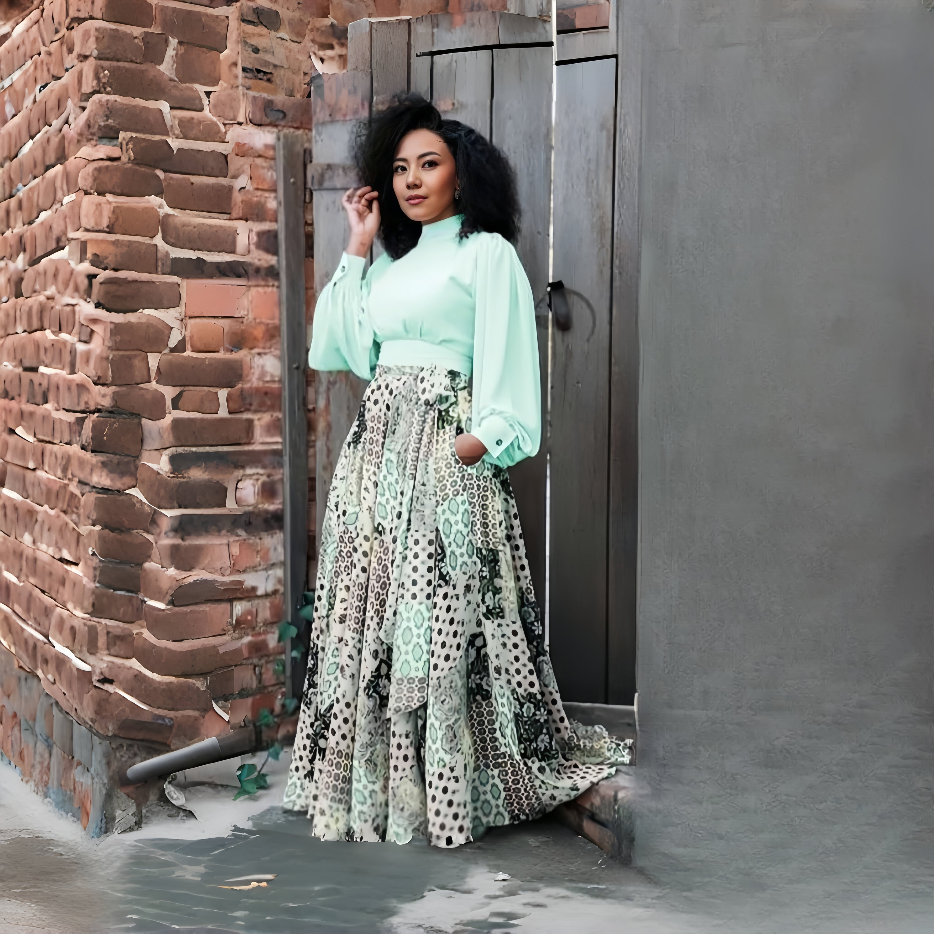 Mint green puff-sleeve maxi dress with geometric floral tiered skirt
