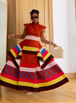 Vibrant geometric print high neck full length women's traditional dress