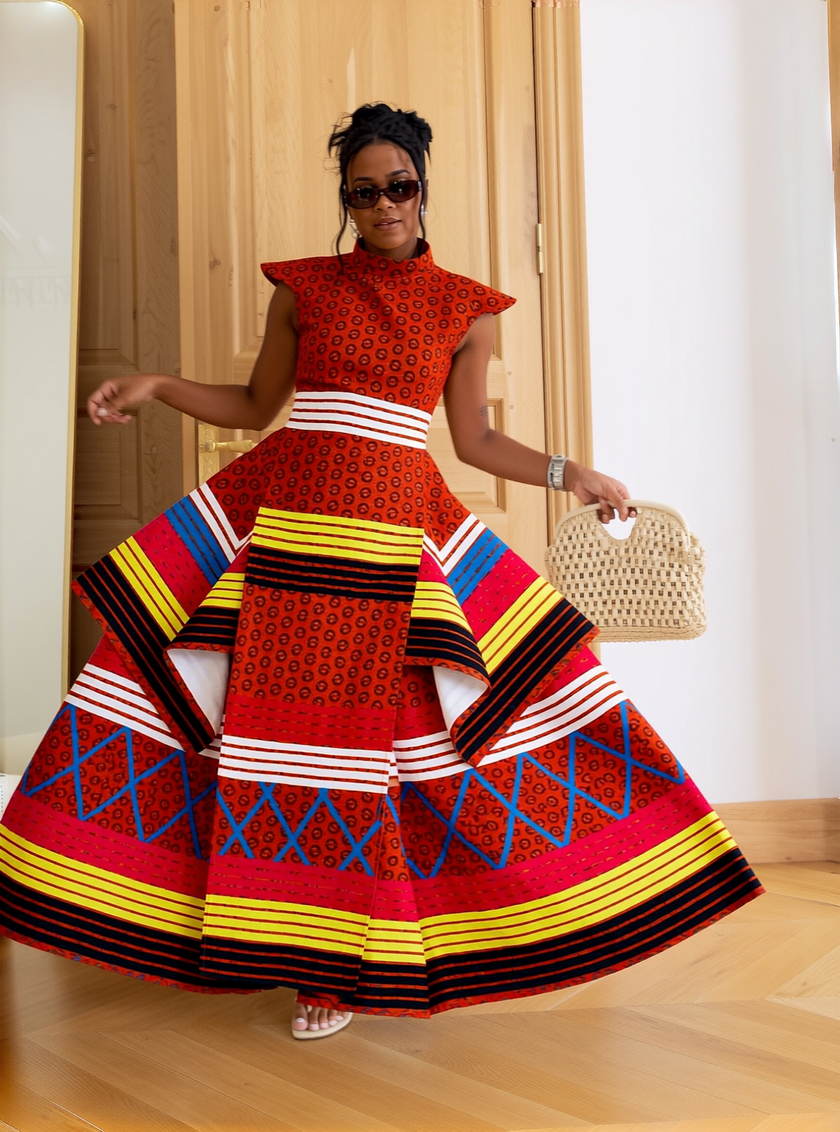 Vibrant geometric print high neck full length women's traditional dress