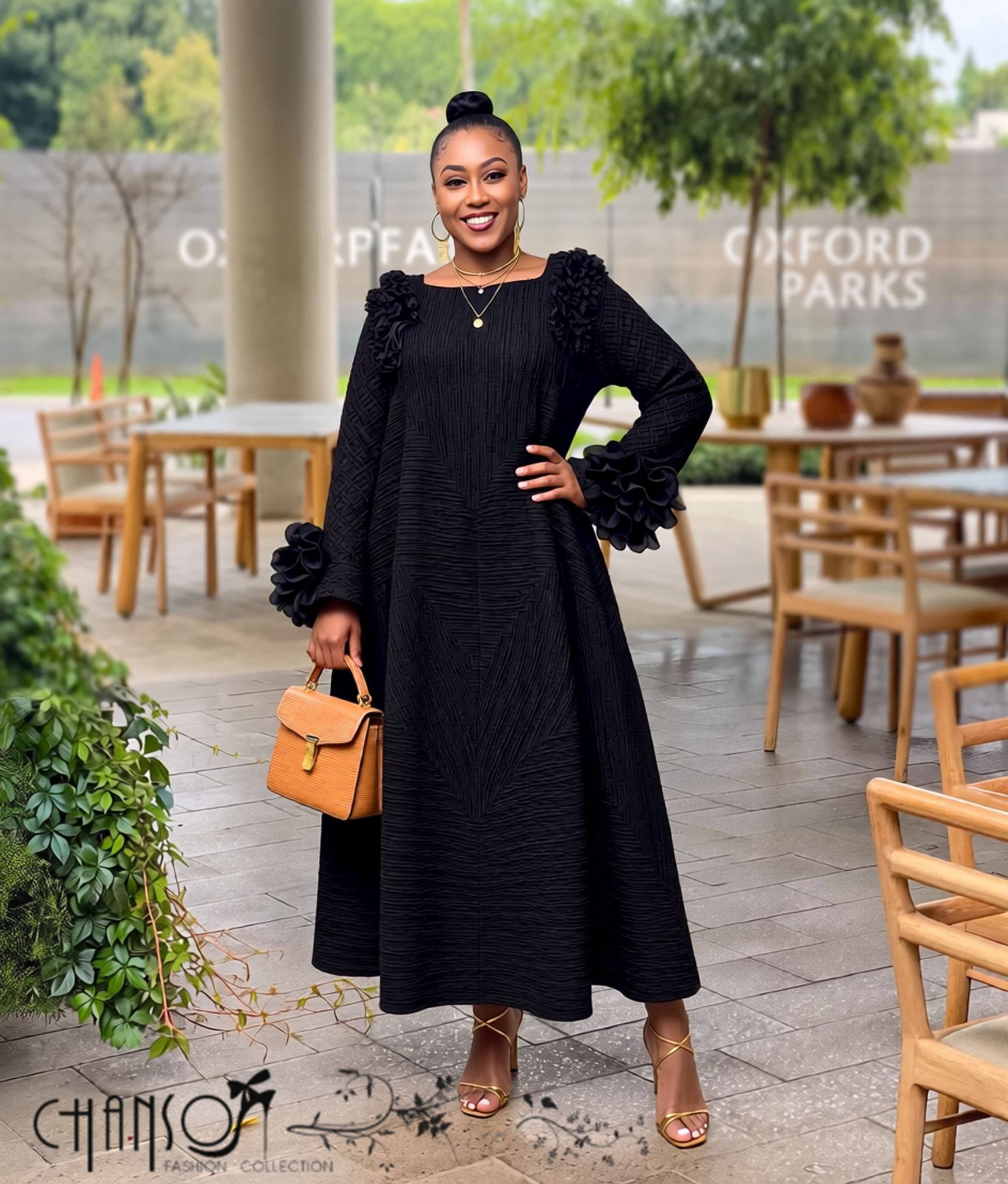 Loose Maxi Kaftan Dress Round Neck Dolman Sleeve 3D Floral Appliques For Banquet Casual Gatherings