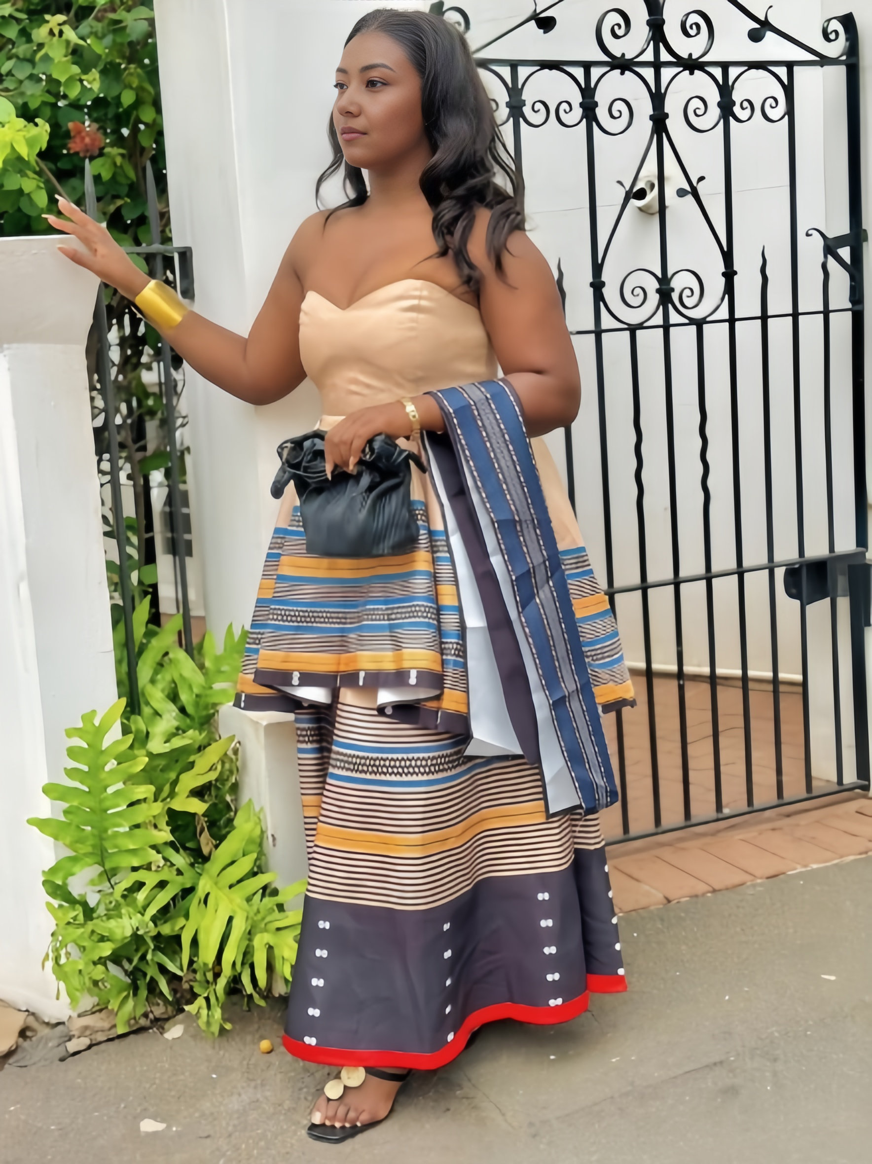 Ethnic Dress Strapless Flared Horizontal Pattern Festive Gathering Scene