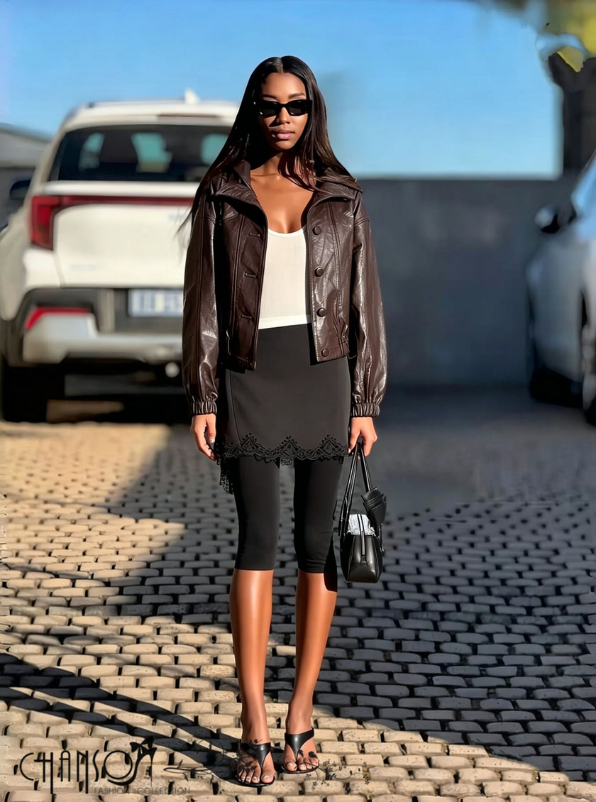 Brown leather stand-collar jacket with front zip and long sleeves