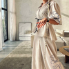 Women's Two-Piece Set - Loose Floral Pattern Puff Sleeve Top and High-Waisted Pants with Waist Tie Detail