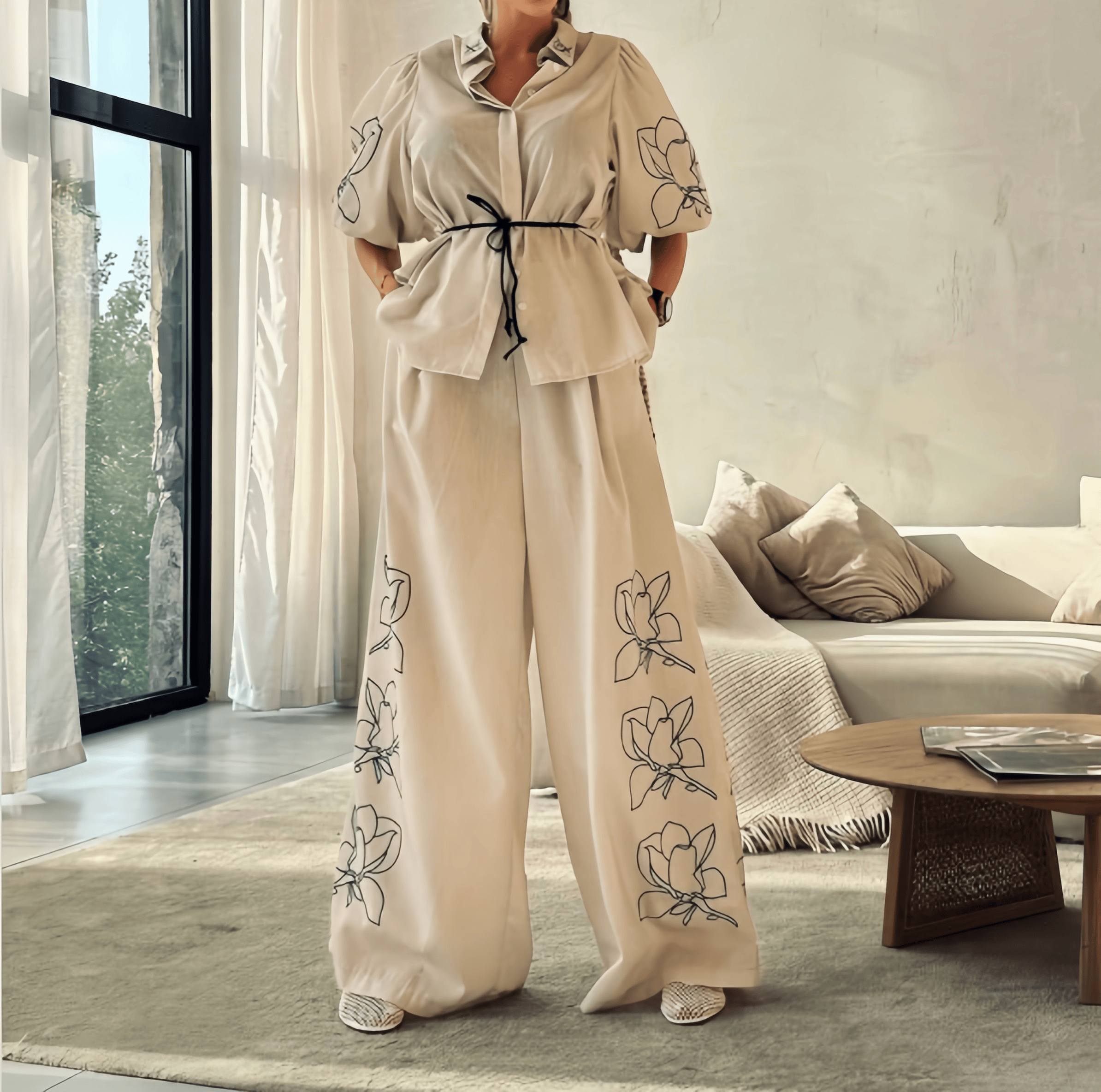 Cream puff-sleeve top and wide-leg pants with floral embroidery on the legs