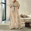 Women's Two-Piece Set - Loose Floral Pattern Puff Sleeve Top and High-Waisted Pants with Waist Tie Detail