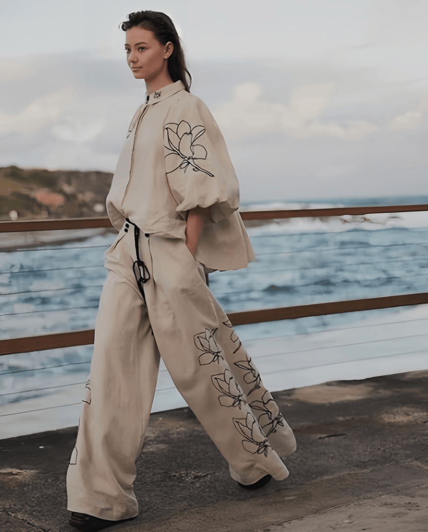 Cream puff-sleeve floral twin set with wide-leg pants, embroidered sleeves
