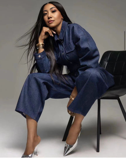 Fashion Loose High-Waist Denim Set, Long-Sleeve Jacket and Wide-Leg Pants