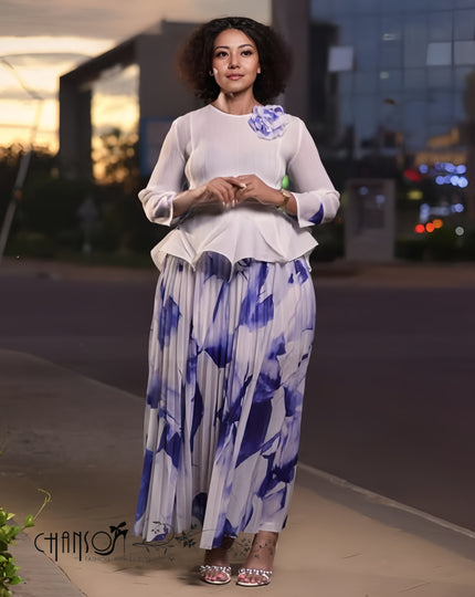 Elegant Peplum Top & Floral Skirt Twin Set Chic