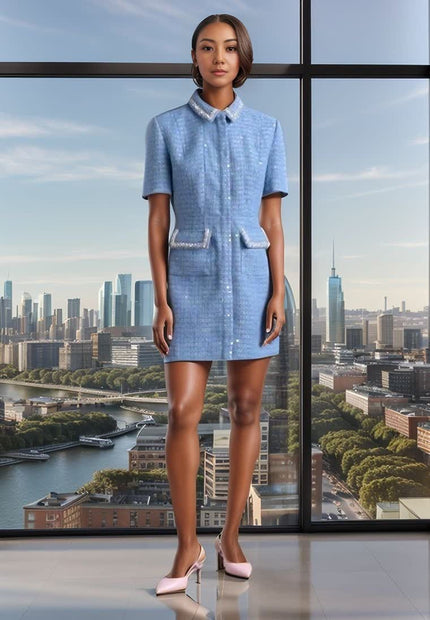 Blue tweed mini dress with short sleeves, Peter Pan collar, and side flap pockets