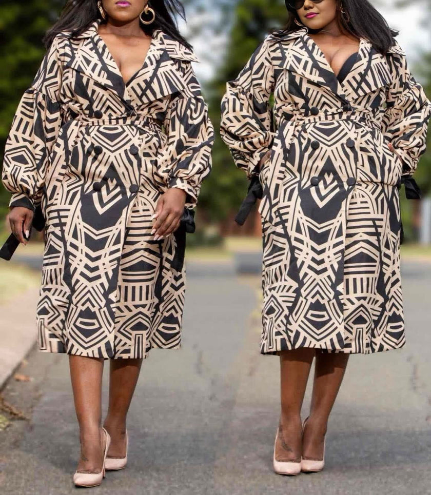 Geometric print loose-fit jacket, beige and black, V-neck with button front