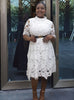 Lace Hollow-Out Short Sleeve Dress with Metal Buckle Waist Detail and Irregular Hemline