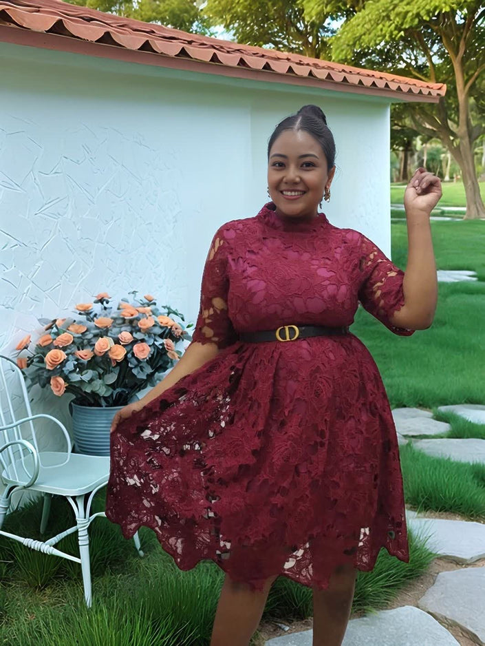 Maroon lace evening dress with puff sleeves and belted waist, knee-length scalloped hem