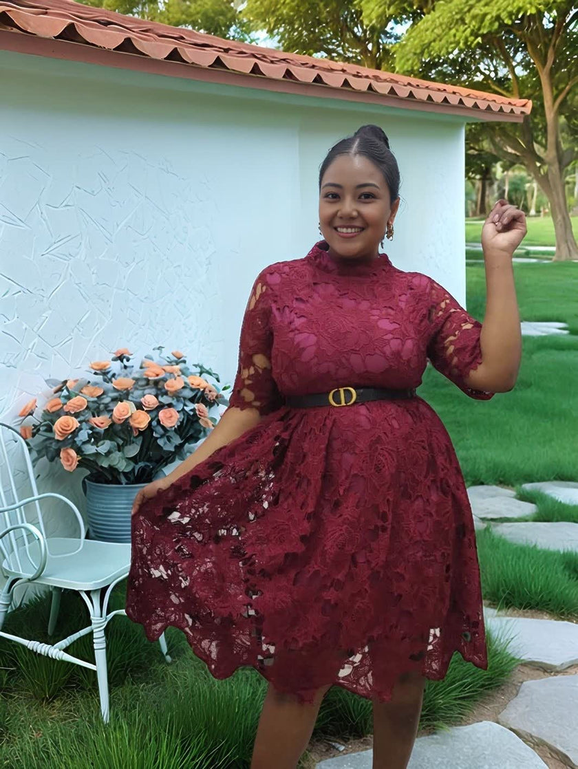 Maroon lace evening dress with puff sleeves and belted waist, knee-length scalloped hem