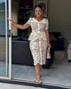 Short Sleeve V-Neck Lace Dress with Waist Belt and Sheer Floral Accents