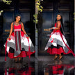 African maxi dress with geometric print, wide flared hem and draped shoulder straps