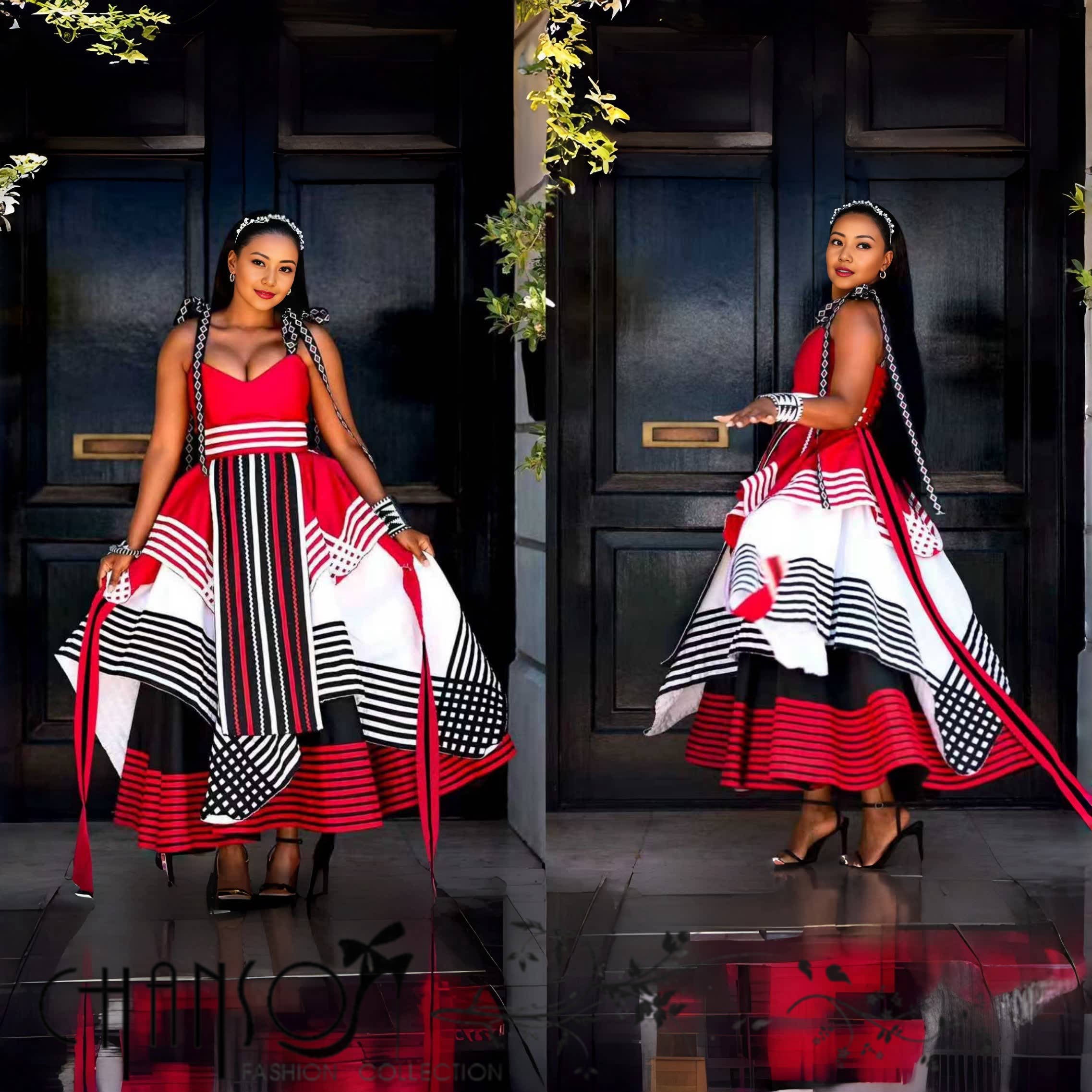 African maxi dress with geometric print, wide flared hem and draped shoulder straps