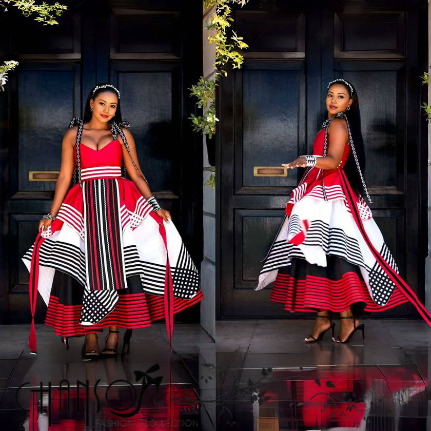 African maxi dress with geometric print, wide flared hem and draped shoulder straps
