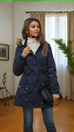 Winter Hooded Fur Collar Drawstring Waist Long Coat