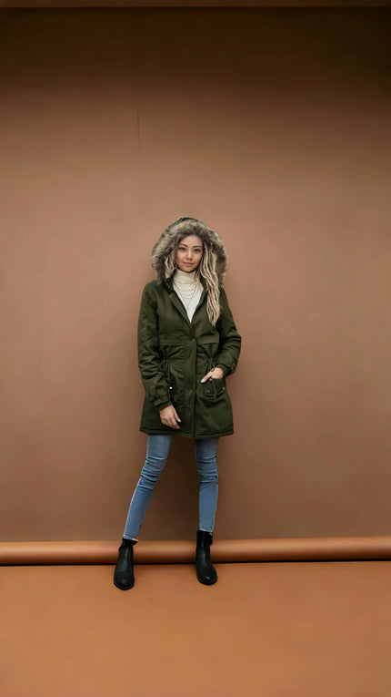 Coat Winter Hooded Fur Collar Drawstring Waist