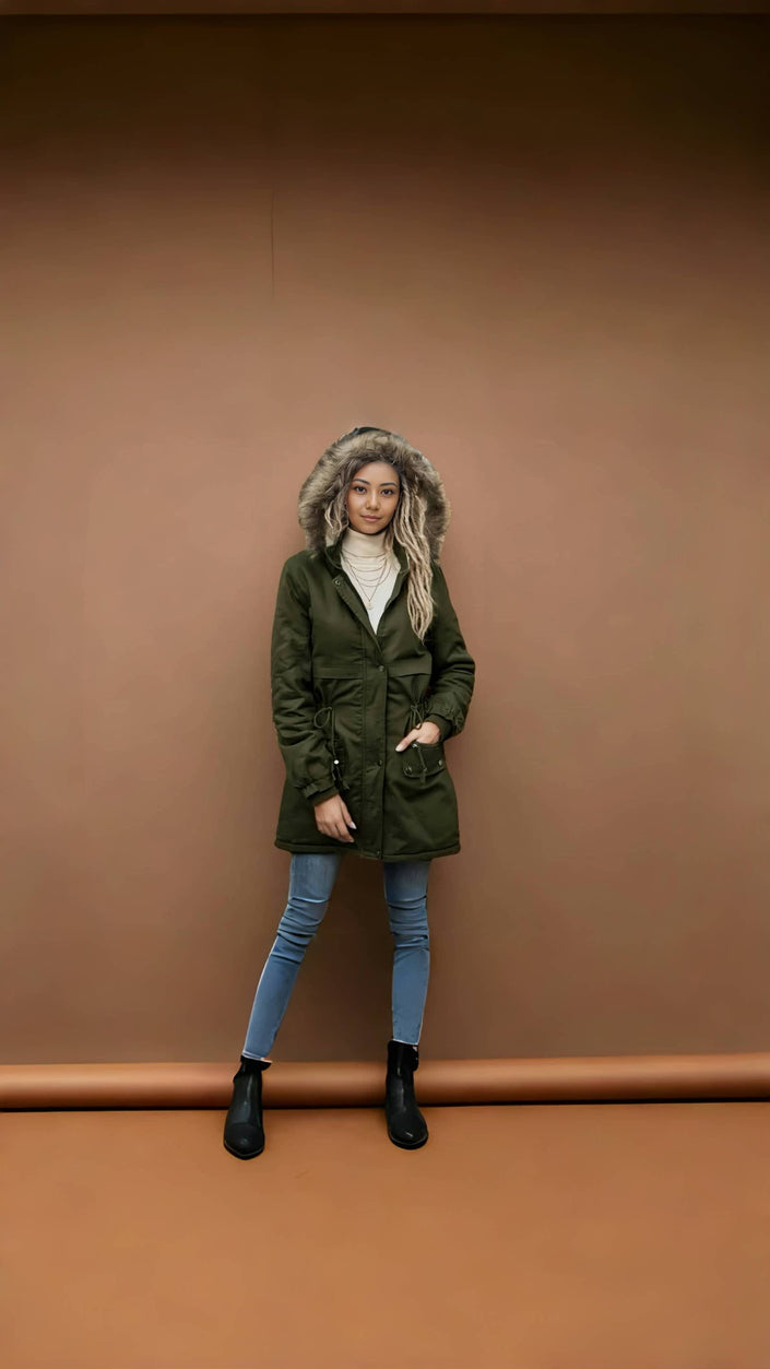 Winter Hooded Fur Collar Drawstring Waist Long Coat