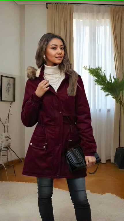 Coat Winter Hooded Fur Collar Drawstring Waist