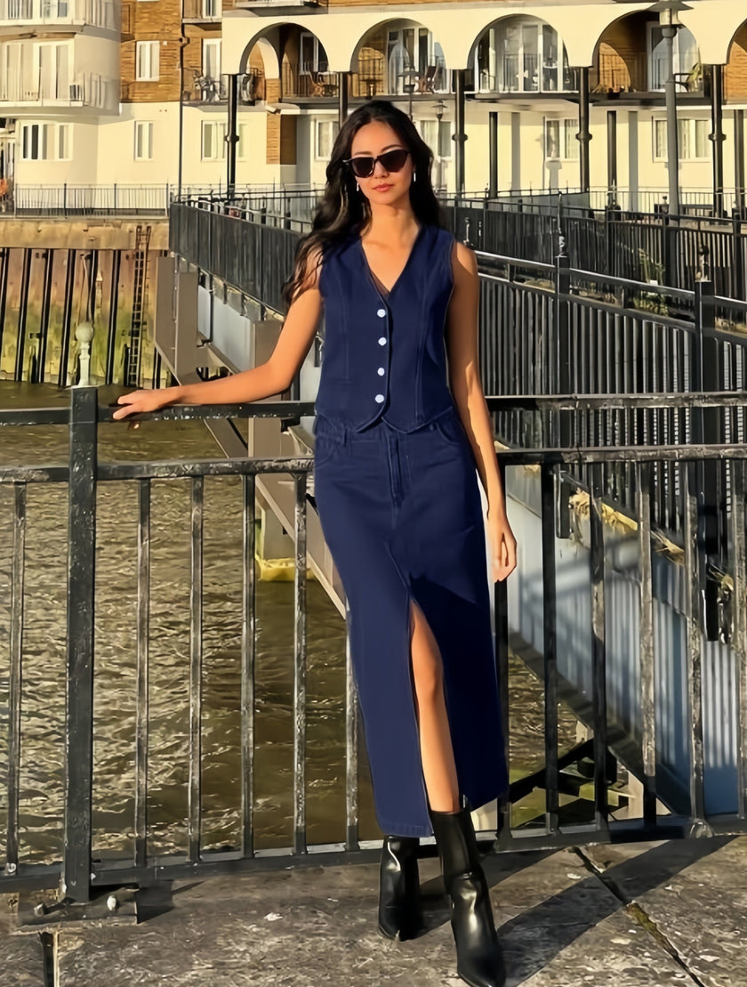 Dark-blue denim sleeveless mandarin-collar vest and matching long skirt, button front
