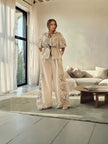 Women's Two-Piece Set - Loose Floral Pattern Puff Sleeve Top and High-Waisted Pants with Waist Tie Detail