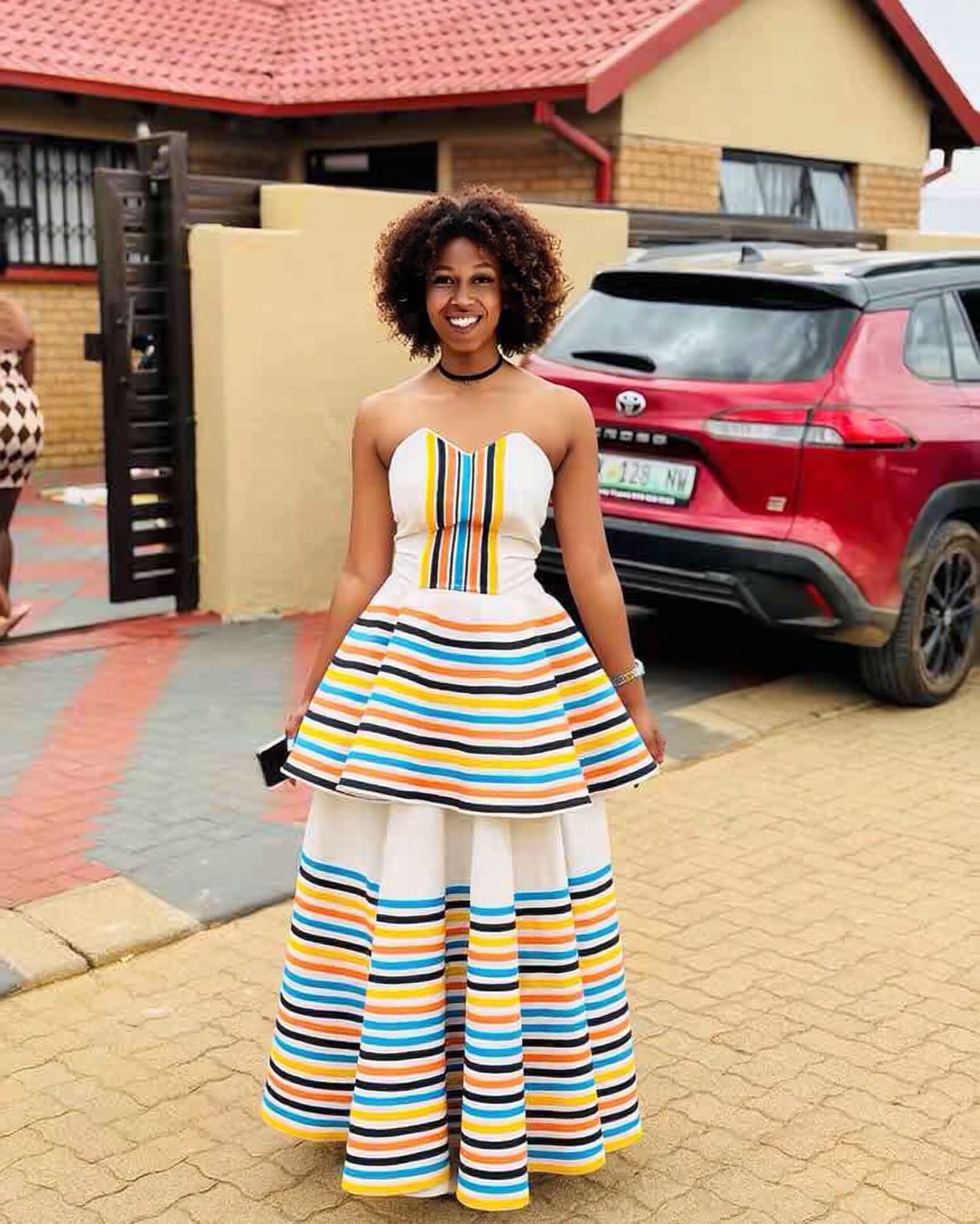 Strapless multi-colored striped traditional women's maxi dress