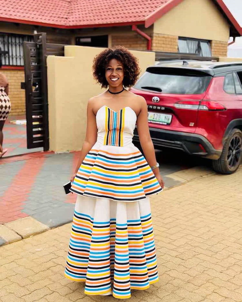 Strapless multi-colored striped traditional women's maxi dress