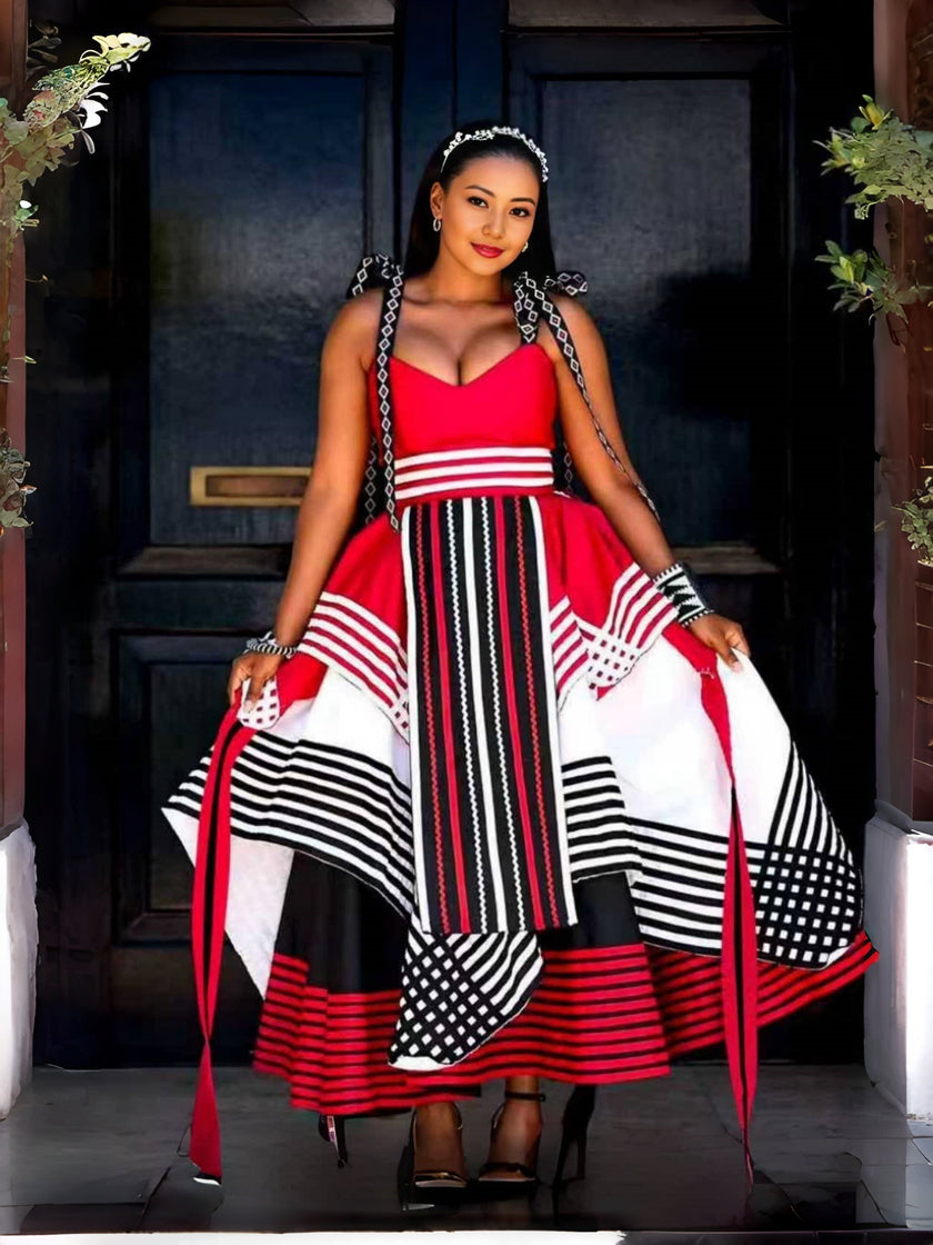 African maxi dress, sleeveless V-neck, red/white/black geometric print skirt