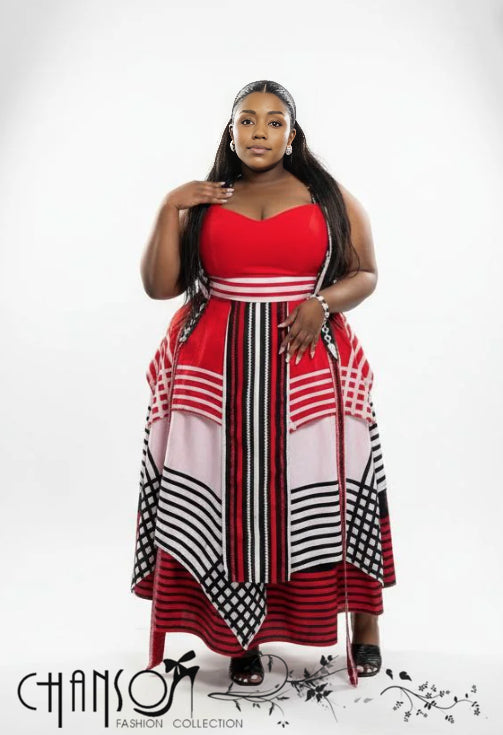 African maxi dress, sleeveless red bodice with striped panel and geometric print skirt