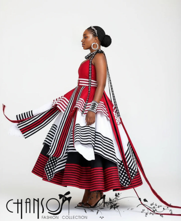 African maxi dress, side/back view, geometric print skirt with long draped shoulder ties