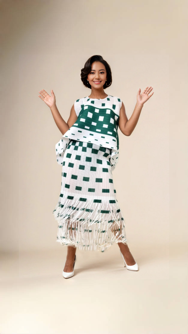 Green geometric fringe skirt with square blocks and dangling tassels